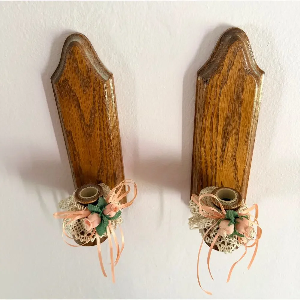 Pair Vintage Oak Wall Candle Sconces Lace Peach Silk Roses Cottage Country